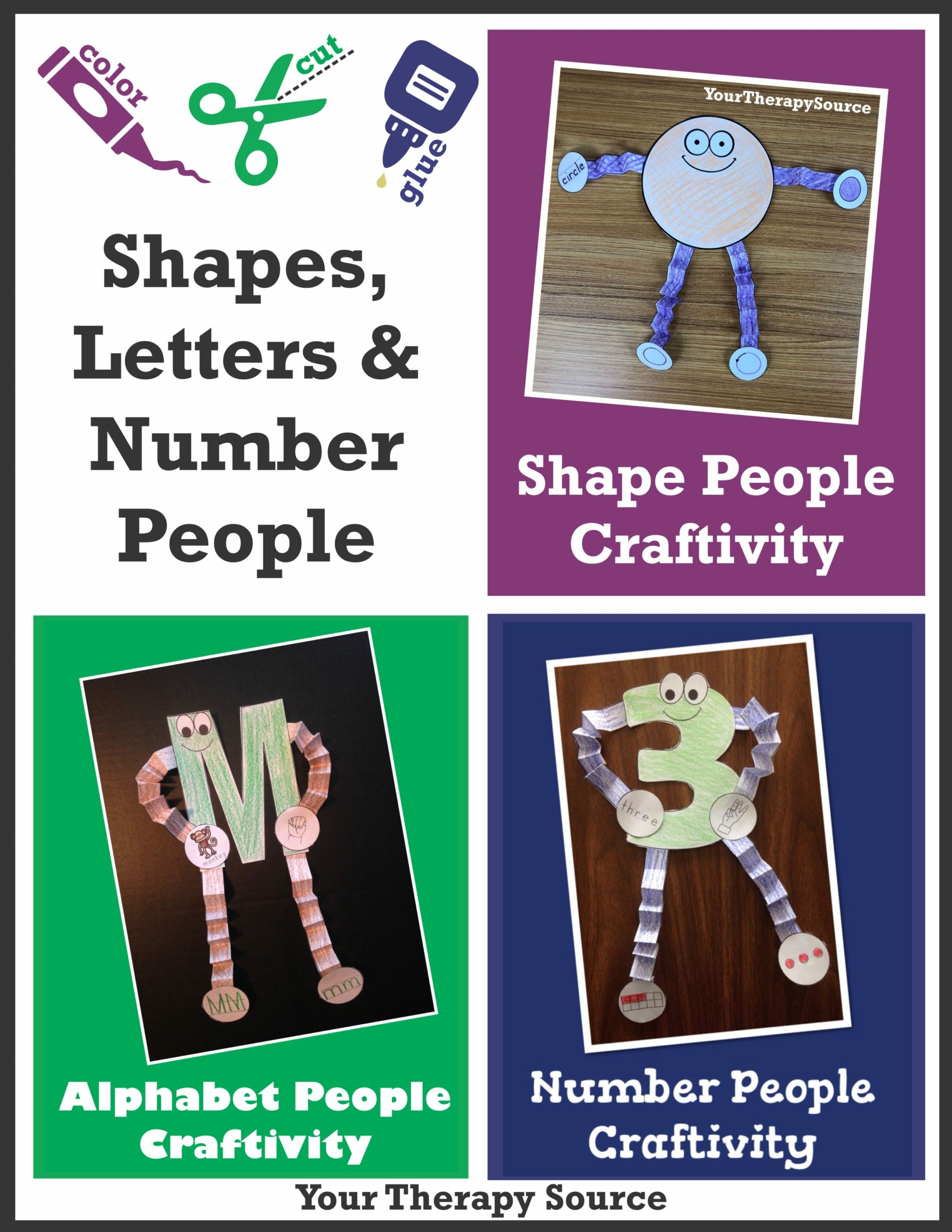 The Shape, Alphabet, and Number Craftivity Packets includes NO PREP, activities to color, cut, fold, and glue to create different "people".  There are 10 shapes, 26 capital letters, and numbers 1-9.