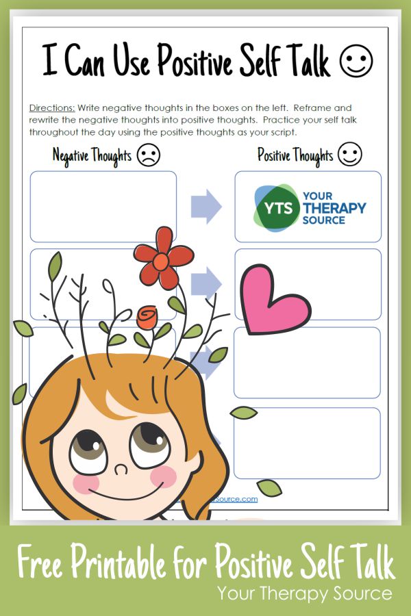Are you familiar with use positive self talk with kids? Self talk is a mental strategy using self addressed cues (short phrases or a few words) to trigger appropriate responses by focusing your attention on the skill to help improve performance.  Researchers indicates that self talk even improves sport performance and it is more effective in certain situations.  You can download a FREE worksheet on helping develop positive self talk for kids at the bottom of the post.