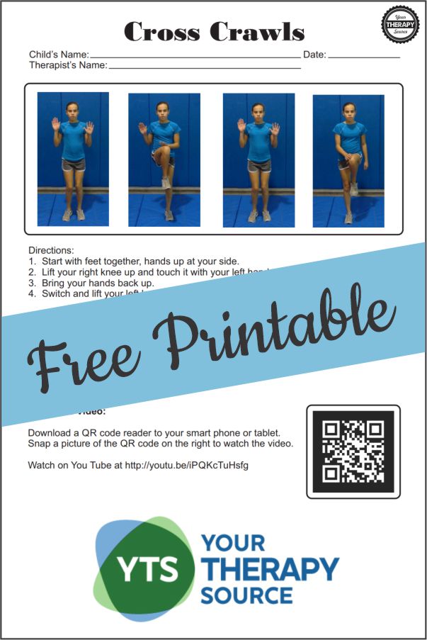 It is an instructional hand out on how to do the Cross Crawl exercise, including a QR code to link to a video demonstration of the exercise.