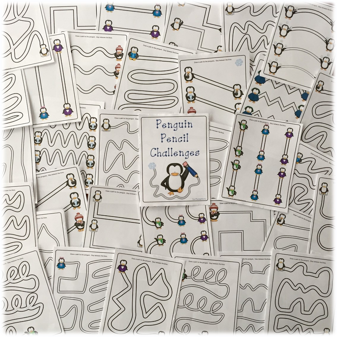 Penguin Pencil Challenges from https://www.yourtherapysource.com/pencilchallengespenguin.html