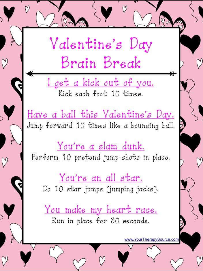 Valentine's Day Exercises from https://www.yourtherapysource.com/freevalentinebrainbreak.html 