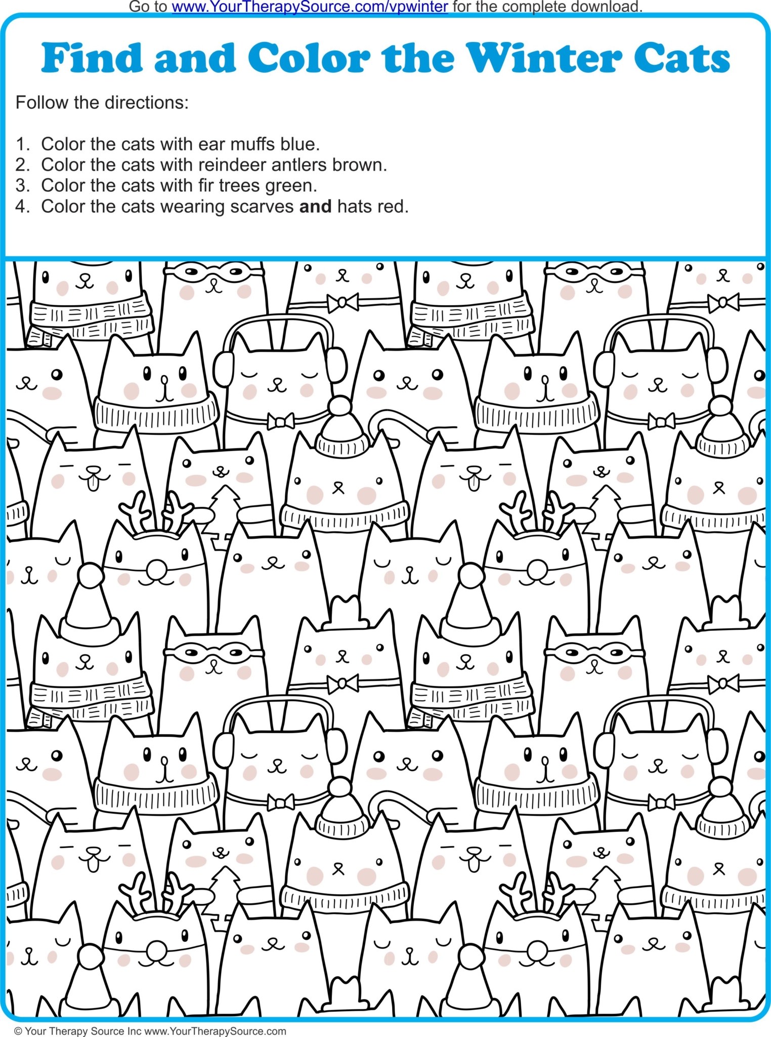 Winter Visual Perceptual Puzzle Freebie Find and Color the Winter Cats