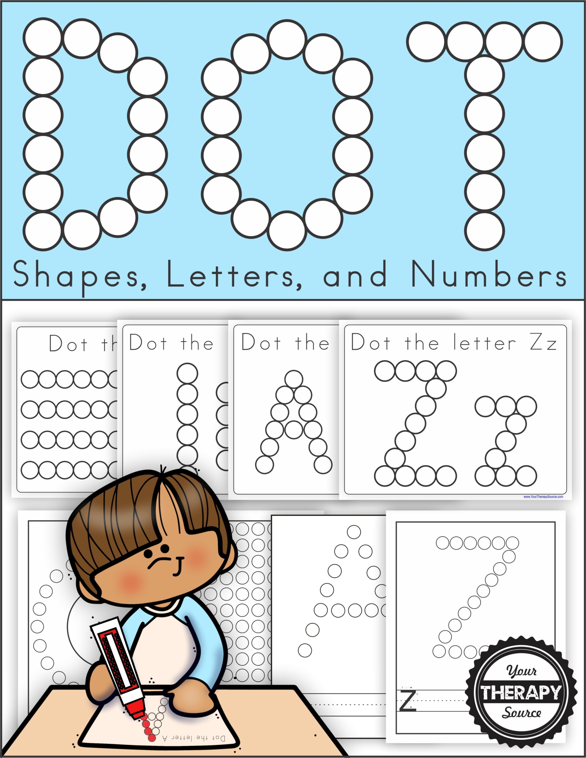 This Do a Dot Printable Alphabet, Numbers, Lines and Shapes digital download has been updated in 2020 to include 86 black and white pages of prewriting fun!
