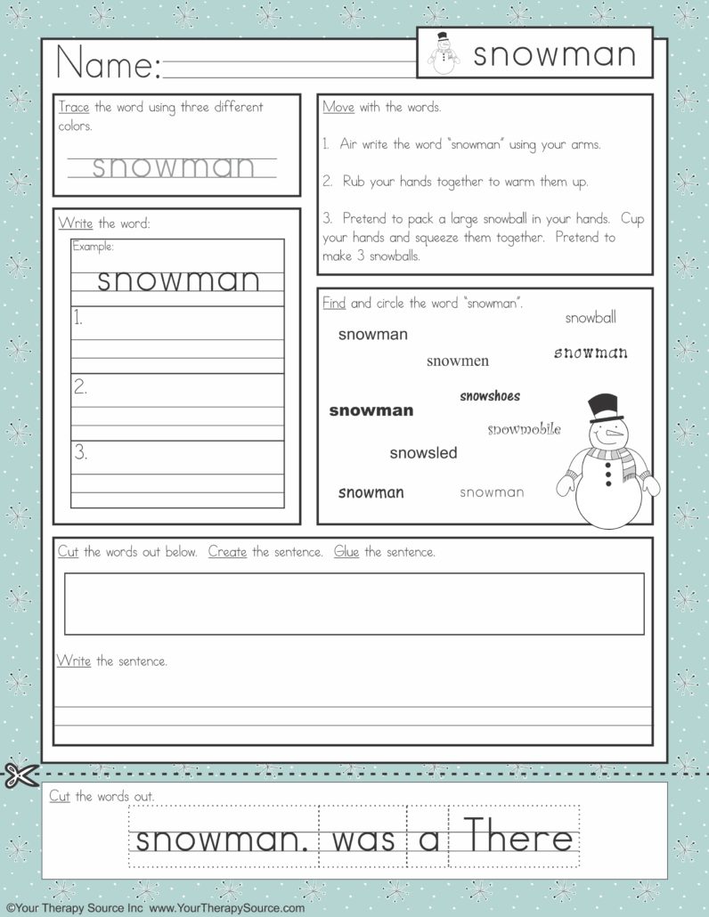 sample Winter Multisensory Handwriting page in double lined format