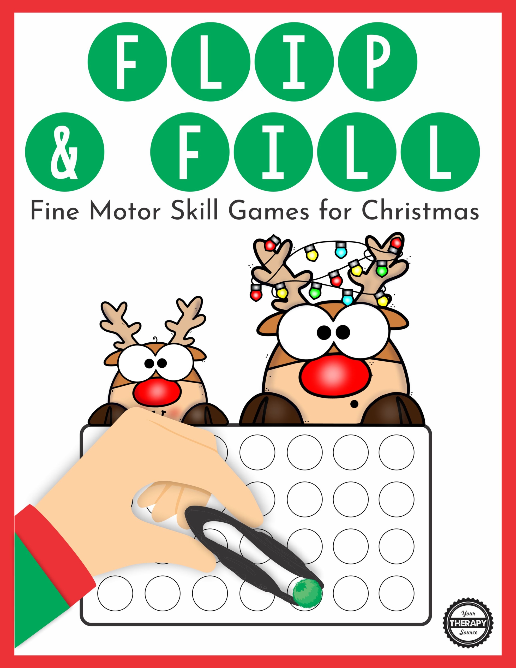 The Christmas Fine Motor Game – Flip and Fill digital download includes 10 different Christmas-themed game boards to practice fine motor skills and encourage hand strengthening.