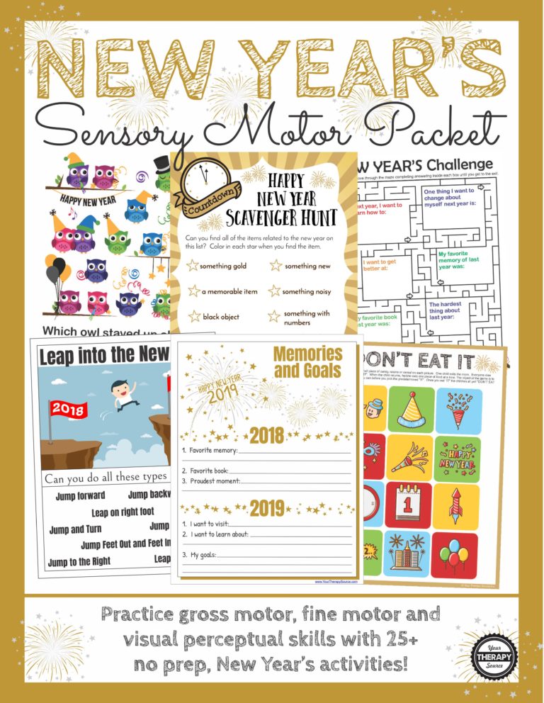 New Year's Sensory Motor Packet: Practice fine motor, gross motor, visual perceptual and handwriting activities with this no-prep, fun, New Year's sensory motor-themed packet.  UPDATED for 2019!