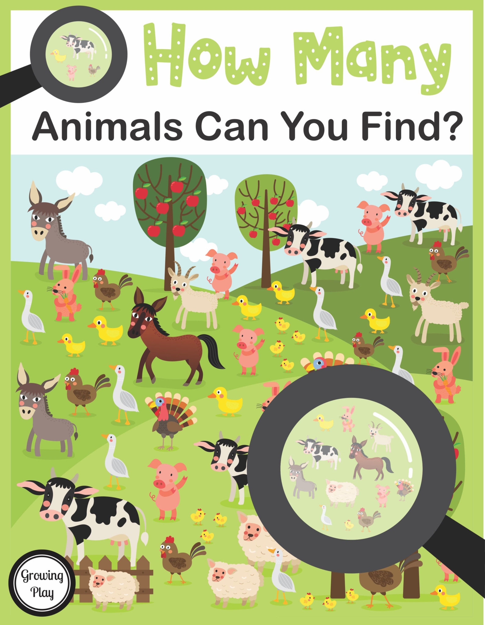 How Many Animals Can You Find is a FUN game to challenge children to use their visual discrimination and counting skills to find all the animals in the pictures.  The digital download includes 10 full-color games to download and play.  The game can be modified depending on the child’s age level.