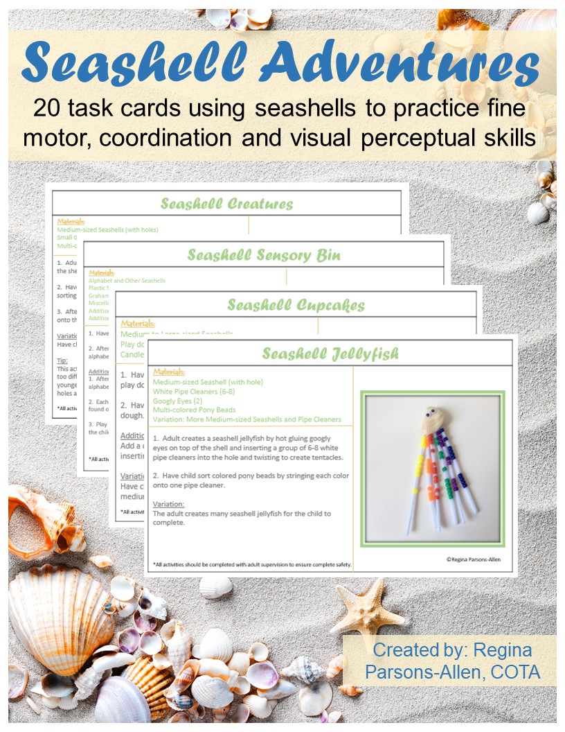 Seashell Adventure Task Cards includes 20 fine motor, bilateral coordination, and visual perceptual activity ideas.  Each page includes 2 task cards to print.  All of the activities include seashells. Use the task cards for fine motor stations, independent work stations or indoor play on a rainy day.