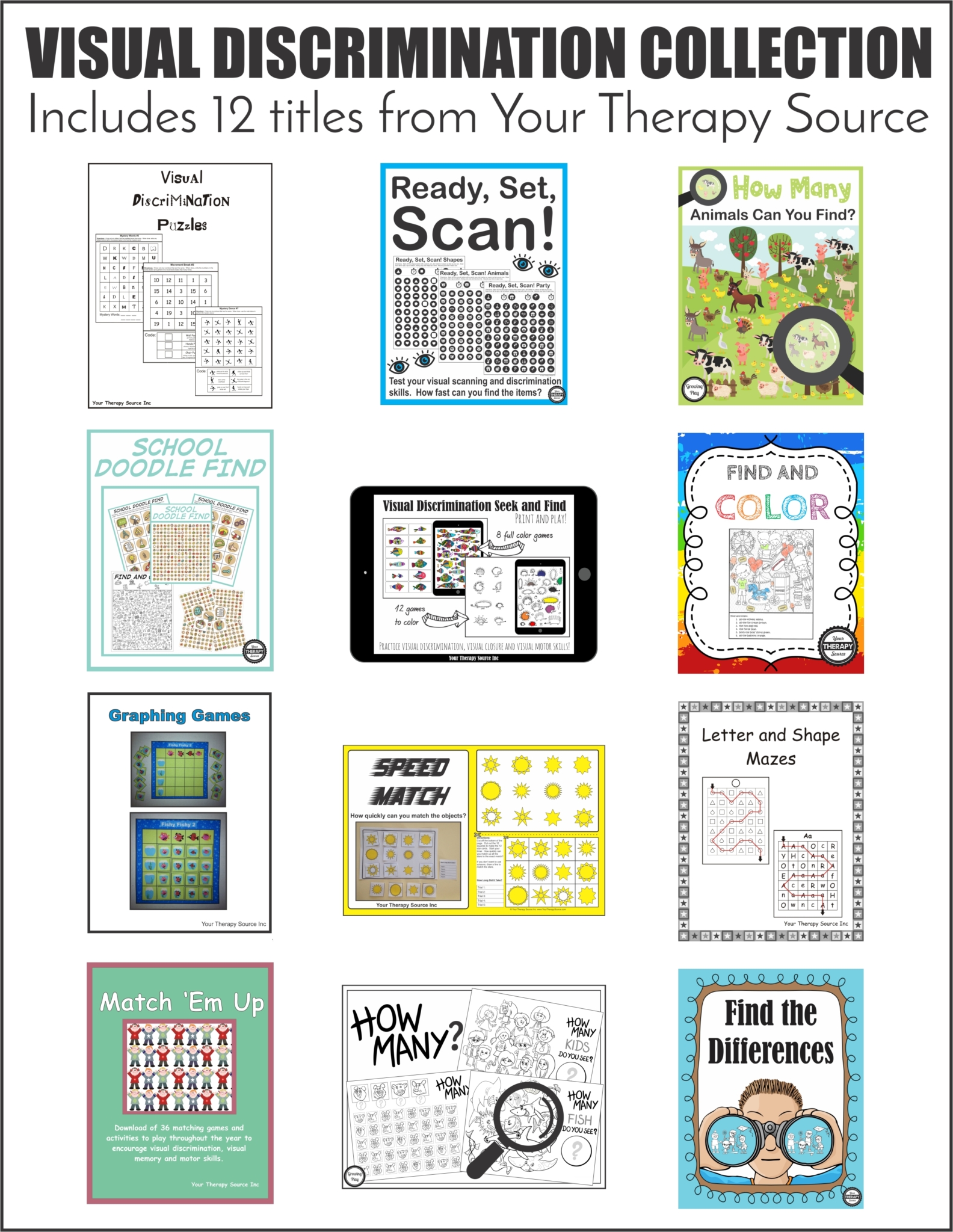 Do your students struggle with recognizing similarities and differences between shapes, size, colors, objects, and patterns? The visual discrimination collection includes 12 titles to practice visual perceptual skills. 