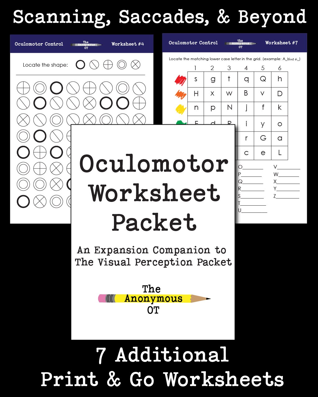 The Oculomotor Worksheet Packet digital download is an expansion companion for The Visual Perception Packet – This resource provides 7 different print & go worksheets to address oculomotor skills, as well as suggestions and ideas to grade activities to reach higher levels of visual processing.