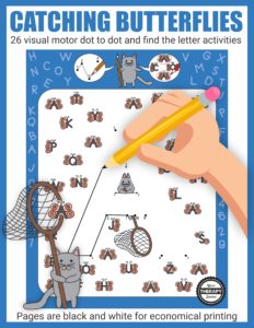 Catching Butterflies visual motor packet is an instant digital download of 26 activity black and white activity pages to practice visual motor, visual discrimination, and letter recognition skills.  Complete the dot to dot to reveal the letter.  Circle all of the matching butterfly letters.
