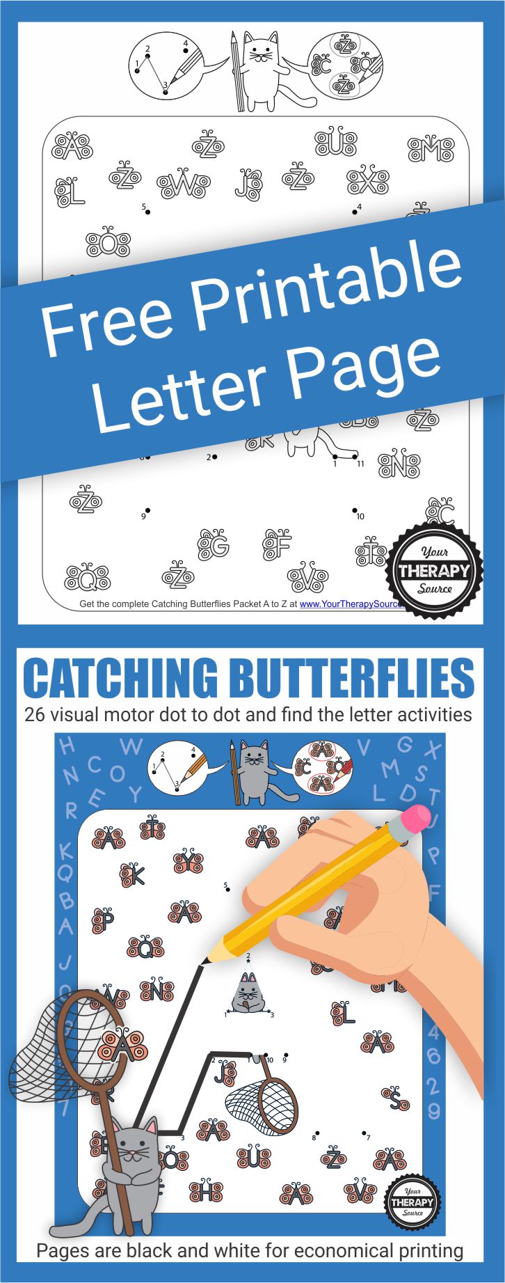Catching Butterflies visual motor packet is an instant digital download of 26 activity black and white activity pages to practice visual motor, visual discrimination, and letter recognition skills.  Complete the dot to dot to reveal the letter.  Circle all of the matching butterfly letters.