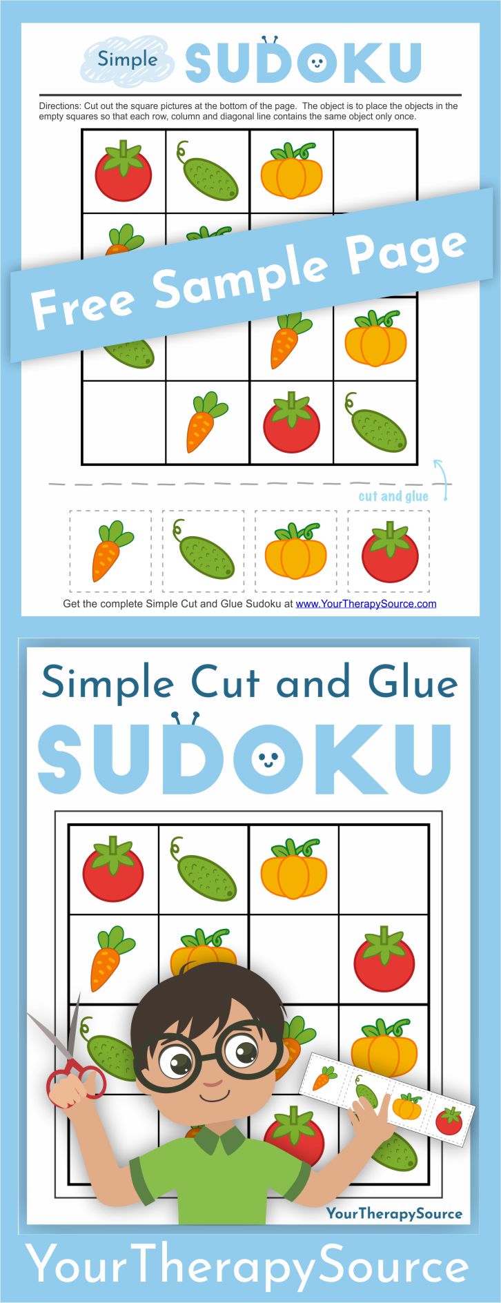 If you are looking for a one page printable to challenge fine motor and logic skills check out this freebie from the Simple Cut and Glue Sudoku download.