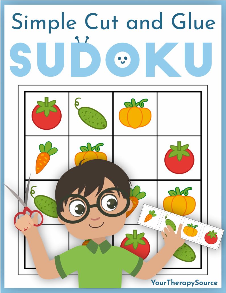 Simple Cut and Glue Sudoku for children includes 40 full-color puzzles to practice fine motor and visual perceptual activities.  This digital download encourages children to have fun while they build key developmental skills. 