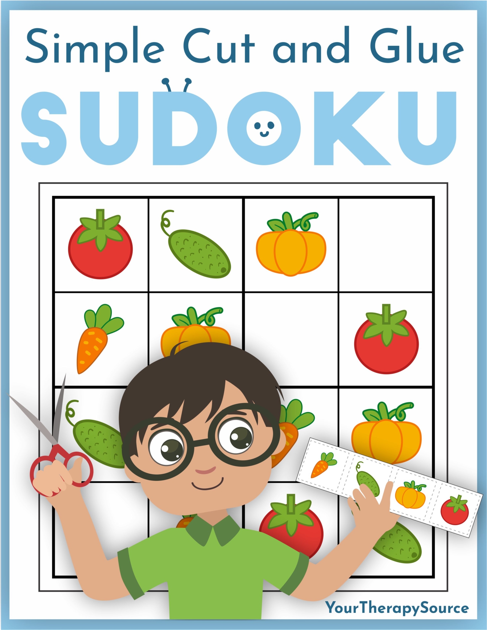 Simple Cut and Glue Sudoku for children includes 40 full-color puzzles to practice fine motor and visual perceptual activities.  This digital download encourages children to have fun while they build key developmental skills. 