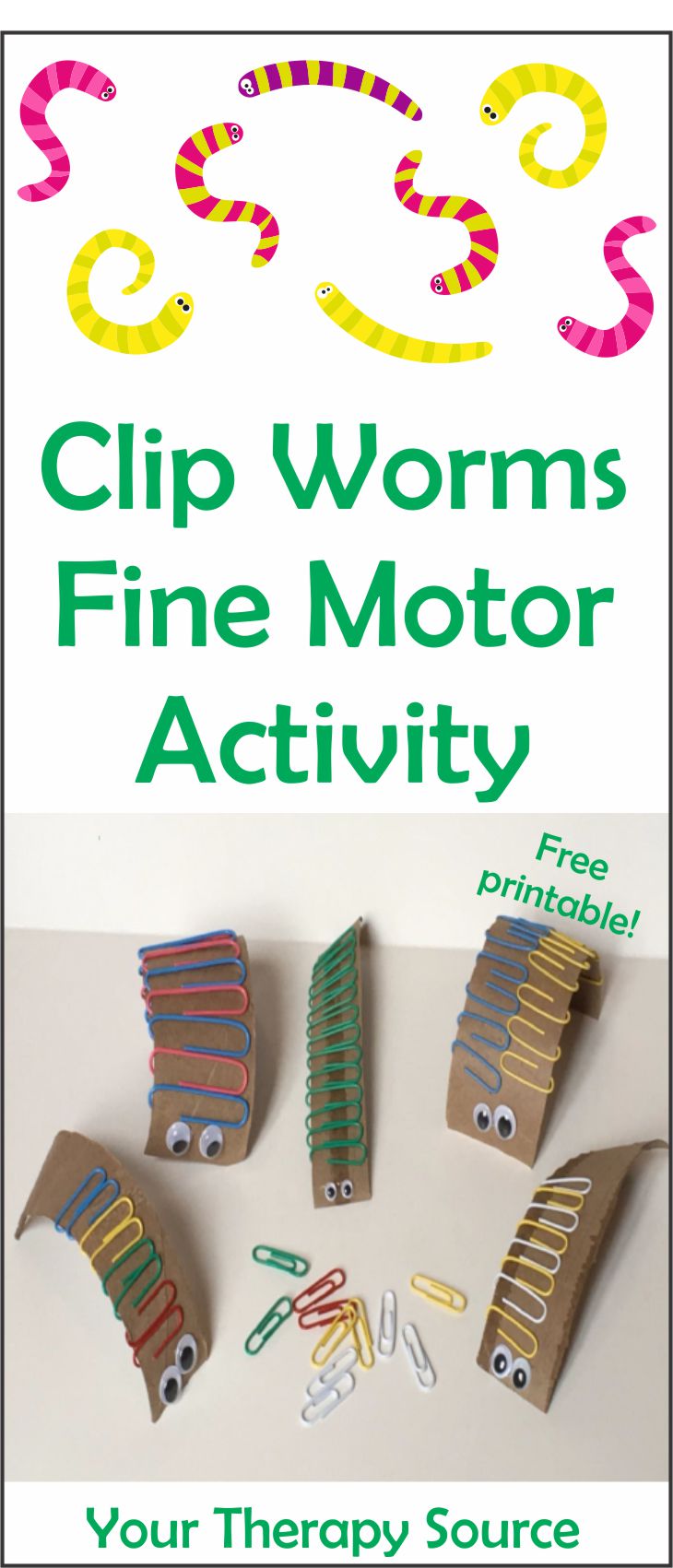 The clip worm fine motor activity is a simple and economical challenge for little fingers and hands. To start, dig through your recycle bin and grab some cardboard! You can download a FREE hand out of this activity at the bottom of the post.