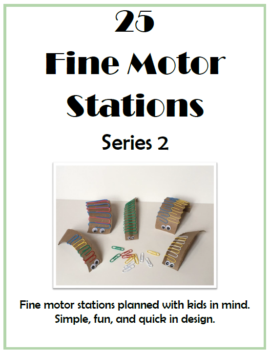 Fine Motor Stations Series 2 digital download includes 25 more fun and engaging fine motor activities for children using simple and easily obtained materials.  This ebook is second in a series written by Regina Parsons-Allen, COTA.  The activities are designed to be engaging and intrinsically motivating.