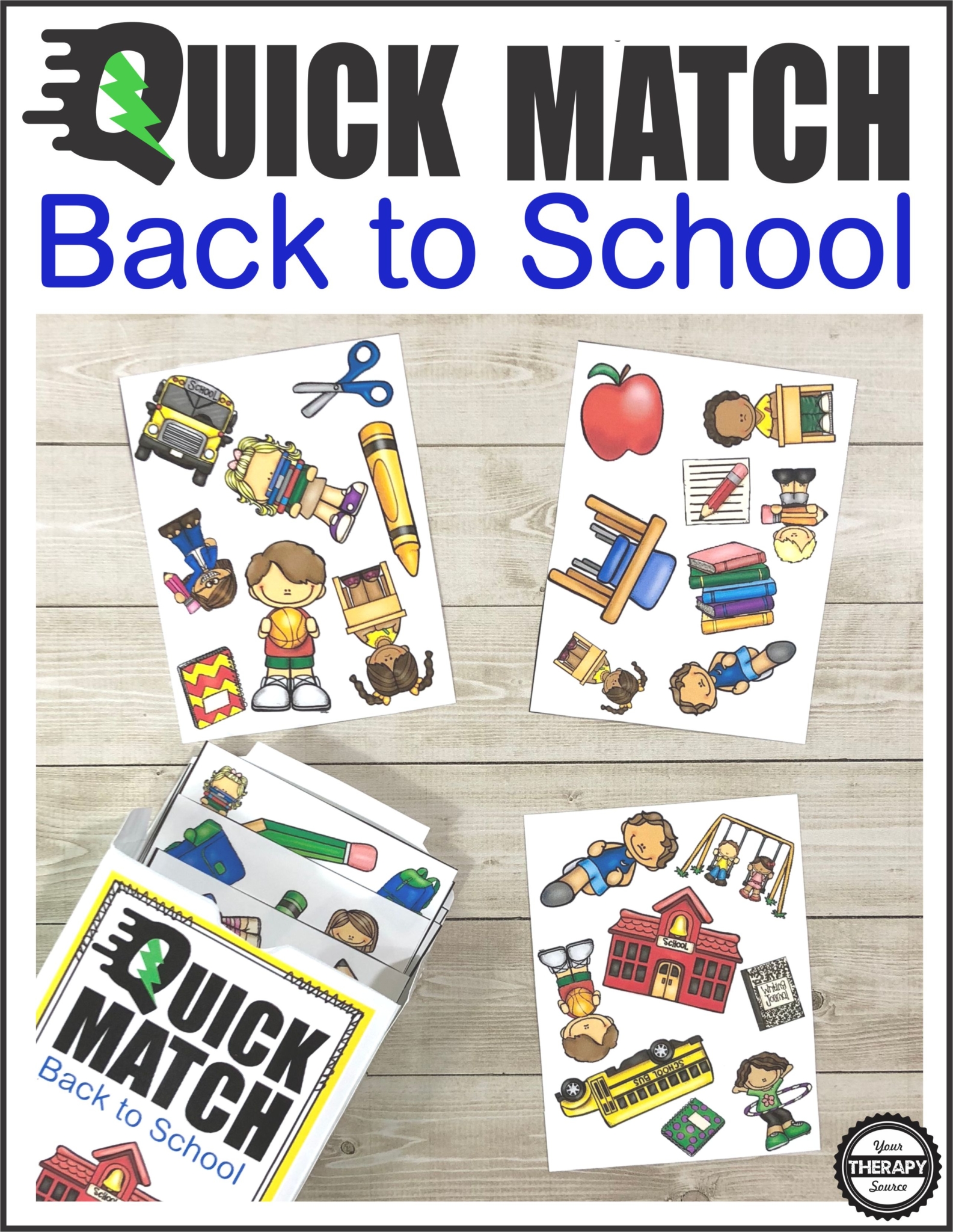 The Back to School Quick Match Card Game is a digital download that includes 54 cards and the box template to print and play.  Challenge visual perceptual skills and quick timing with this SUPER FUN game.