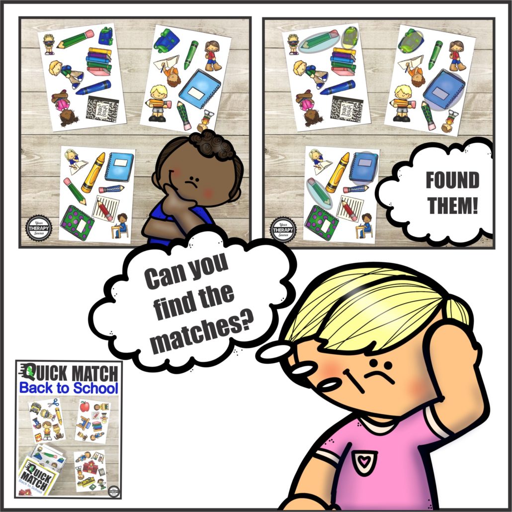 The Back to School Quick Match Card Game is a digital download that includes 54 cards and the box template to print and play.  Challenge visual perceptual skills and quick timing with this SUPER FUN game.