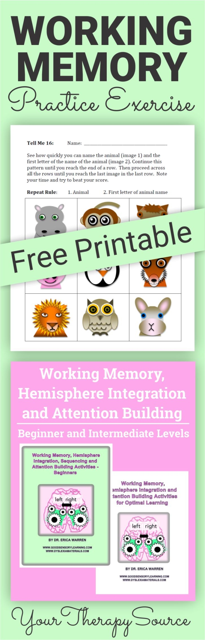 Working memory is a part of short-term memory that allows us to hold and use information in our minds for brief periods of time. It is used when a student needs to think and remember at the same time. You can get a working memory practice exercise for your students.
