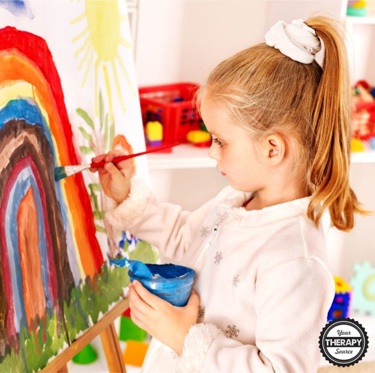 Do you know the benefits of working on a vertical surface? When children work on a vertical surface they increase wrist extension, elbow and shoulder stability, and upright posture. When you modify the environment with this one change (moving play to a vertical surface), you change the muscles that are activated in the body. Here are several play ideas on a vertical surface.