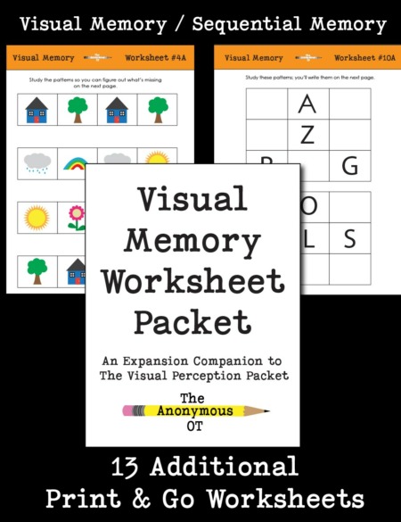 The Visual Memory Worksheet Packet includes 13 different, NO PREP activities to address a wide variety of visual memory, pattern recognition, and visual attention skills. They can also be graded up or down depending on the skill level of the child. 