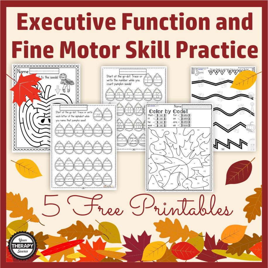 It is that time of year - crisp air, falling leaves, pumpkins, turkeys and more. Add in some skill practice with these 5 FREE executive functioning and fine motor activities for Fall. Children with love the variety and you will love the NO PREP, economical black and white printing. These free sample pages are from the Occupational Therapy Tools: Fine-Motor, Executive Functioning – Fall Theme complete digital download.