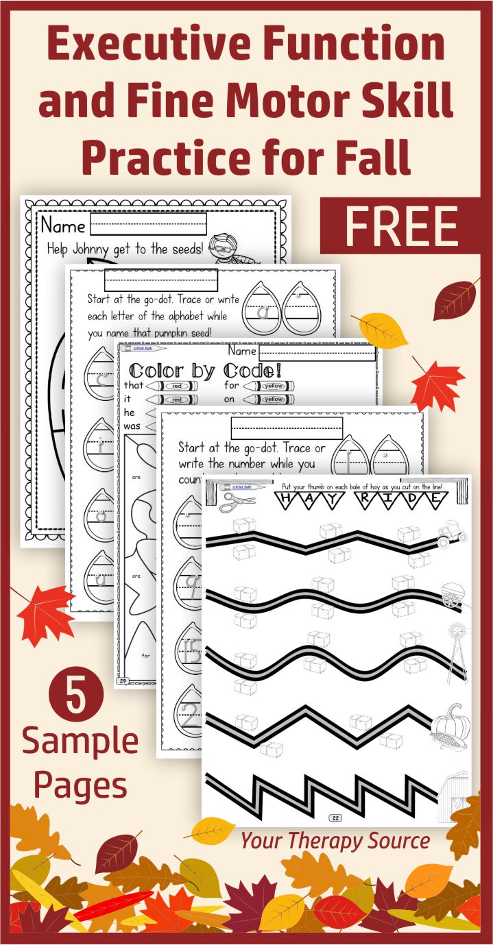 It is that time of year - crisp air, falling leaves, pumpkins, turkeys and more. Add in some skill practice with these 5 FREE executive functioning and fine motor activities for Fall. Children with love the variety and you will love the NO PREP, economical black and white printing. These free sample pages are from the Occupational Therapy Tools: Fine-Motor, Executive Functioning – Fall Theme complete digital download.