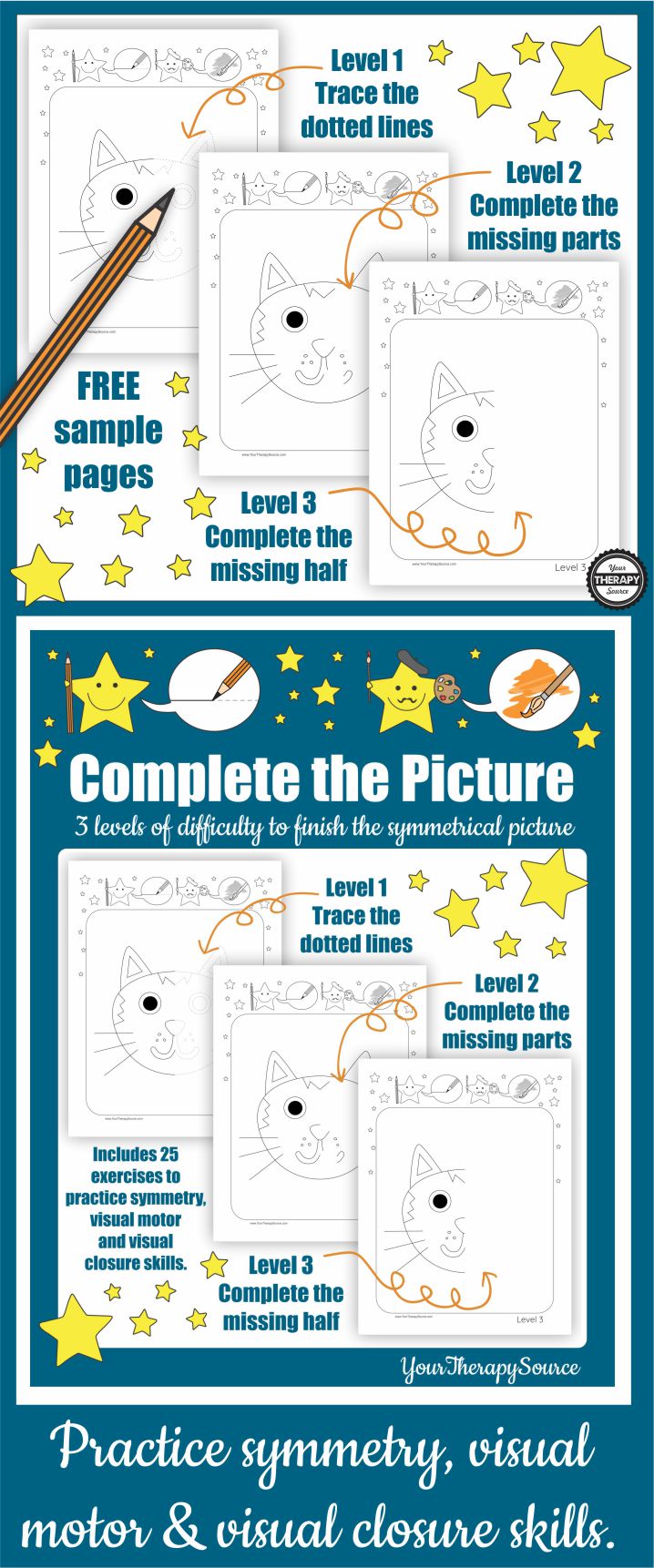 Do you need an activity to practice symmetry, visual motor and visual closure skills? These cat finish the picture printables are FREE (download at the end of the post). It includes three levels of difficulty