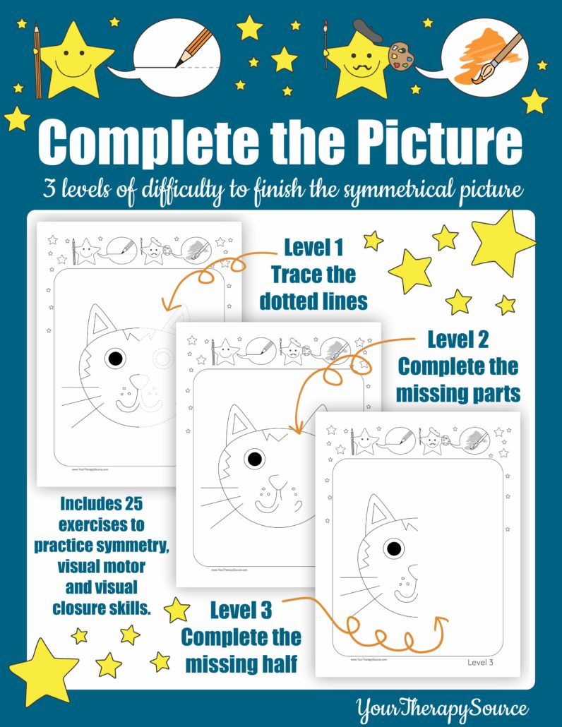 The Complete the Picture digital download includes 25 exercises with three levels of difficulty to practice symmetry, visual motor, and visual closure skills.