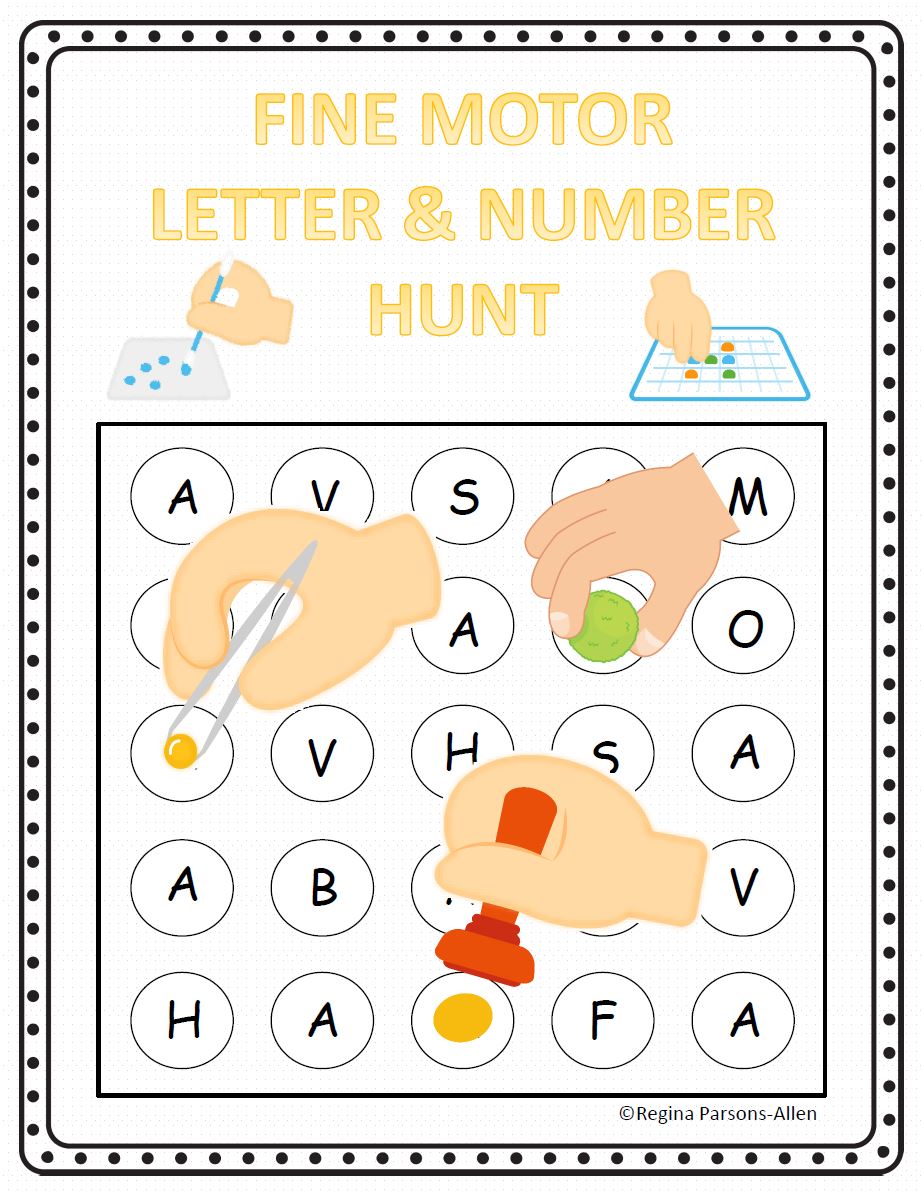 The Fine Motor Letter and Number Hunt digital download includes NO PREP, black and white worksheets to practice fine motor skills, visual discrimination skills, visual tracking skills, and letter/number recognition.