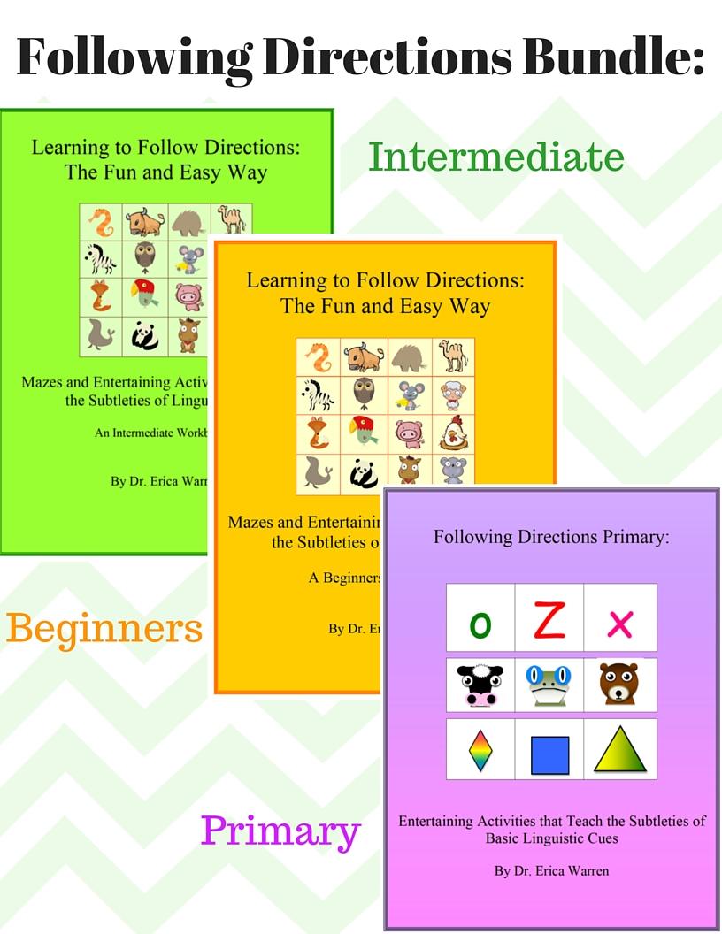 The Following Directions Bundle helps students master the subtleties of linguistic cues and also helps to develop spatial, sequential, memory, attentional and executive functioning skills.   