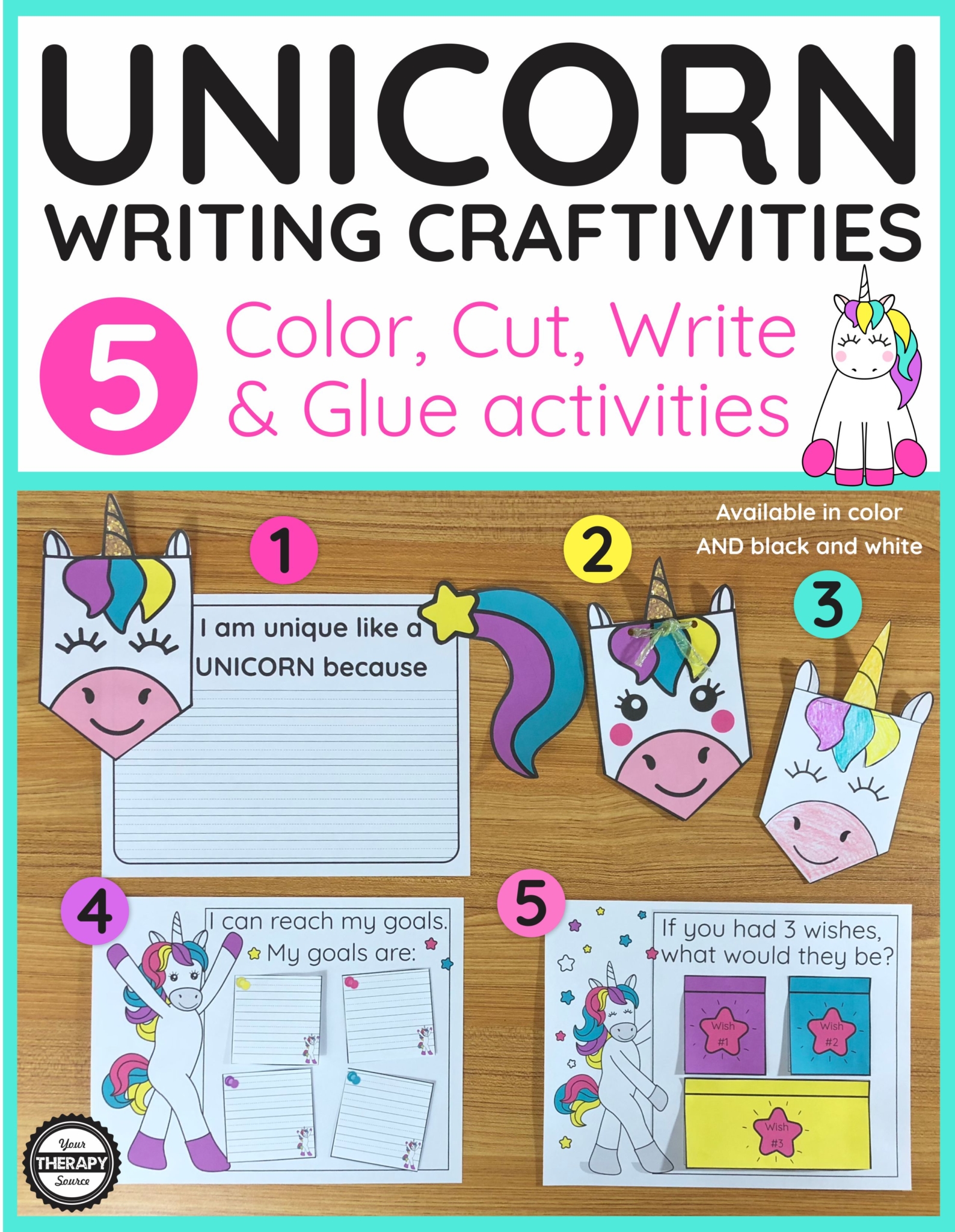 This bundle deal includes 2 creative packs for Unicorn lovers.  The Unicorn Writing Activities with Unicorn Writing Paper consist of one 20 page PDF packet with 5 craftivities and one 6 page unicorn writing paper pack. 