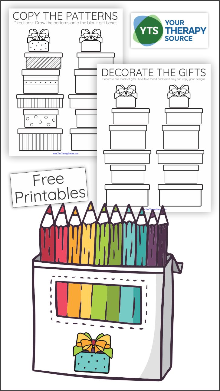 If you are in search of a generic visual motor activity for any holiday or birthday celebration, check out this visual motor freebie, decorate the gifts.