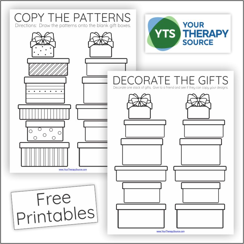 If you are in search of a generic visual motor activity for any holiday or birthday celebration, check out this visual motor freebie, decorate the gifts.