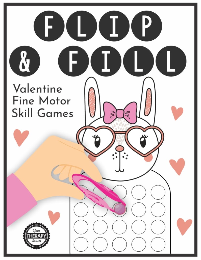 The Flip and Fill Valentine Fine Motor Game digital download includes 10 different valentine game boards to practice fine motor skills and encourage hand strengthening.