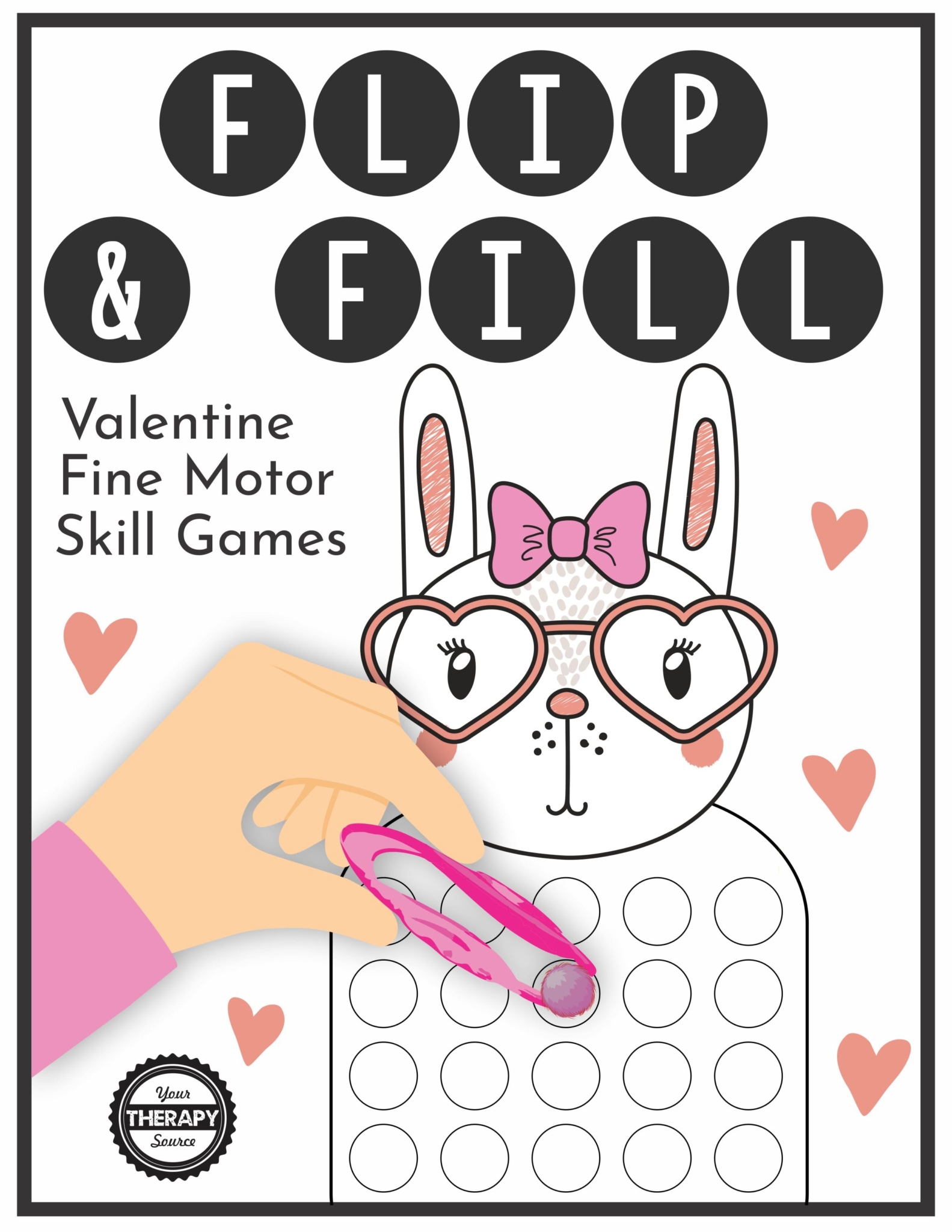 The Flip and Fill Valentine Fine Motor Game digital download includes 10 different valentine game boards to practice fine motor skills and encourage hand strengthening.