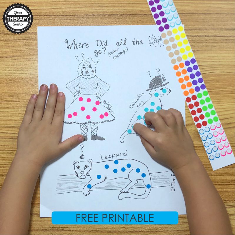 This sticker activity sheet for fine motor skill development is super cute, hand-drawn and you can download and print it for FREE!