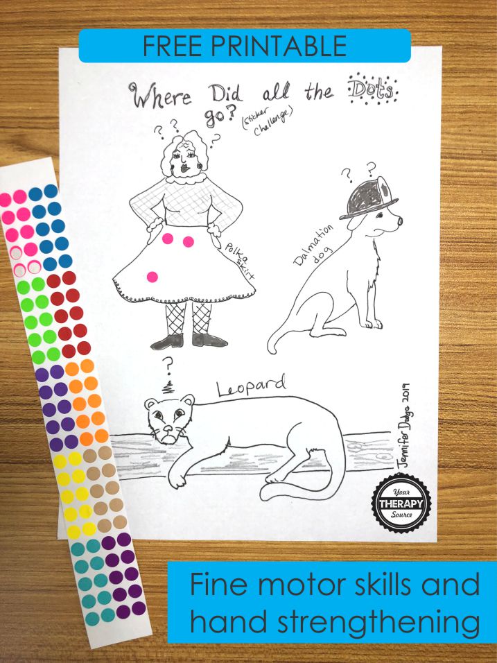 This sticker activity sheet for fine motor skill development is super cute, hand-drawn and you can download and print it for FREE!