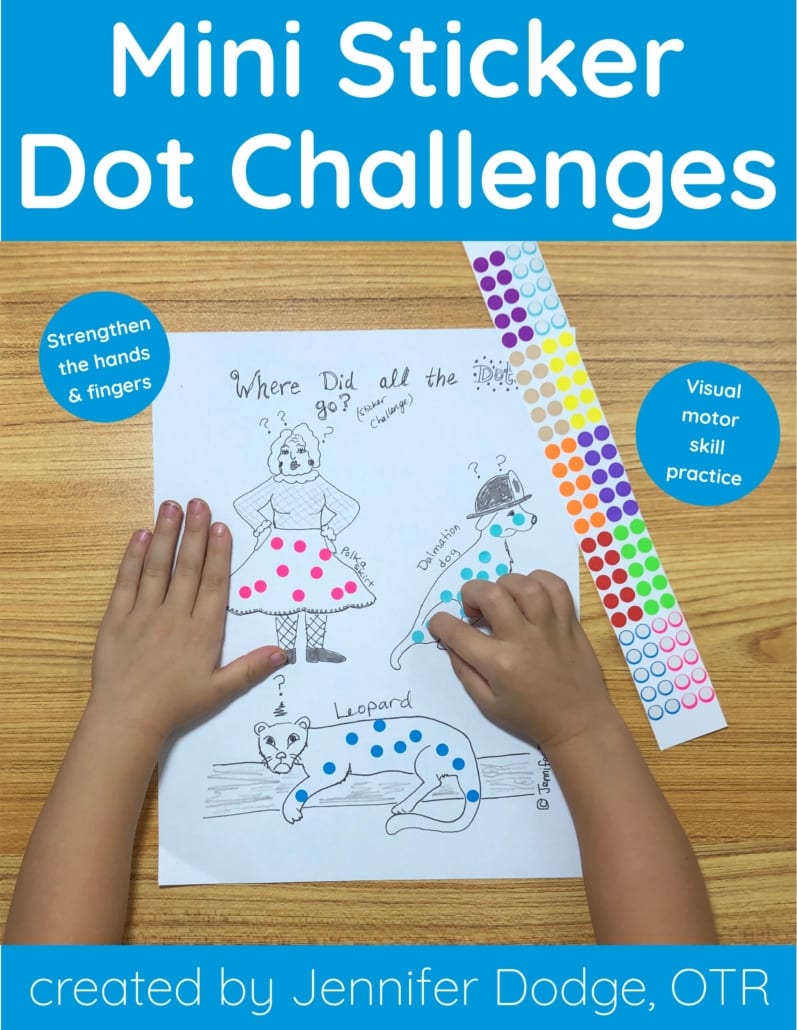 Looking for a new, fun occupational therapy designed activity for elementary-aged children to work on fine motor-visual development (and some math objectives) while having fun? These unique, hand-drawn, Mini Sticker Dot Challenges are awesome! This activity packet was created by school-based Occupational Therapist, Jennifer Dodge.
