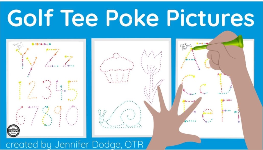 This Golf Tee Poke Packet provides excellent activities for classrooms stations/centers, “my work's all done” activities, or even indoor recess. Voila!  This packet is designed to use with golf tees (Pro-tip: use a short 1.5” tee for best grasp). So it can be set up with distant supervision for everyday use in the classroom.  Kids love poking holes and they don’t even realize they’re working on school skills.  You will need golf tees and soft cardboard or old mouse pad to put under the paper to poke the holes. 