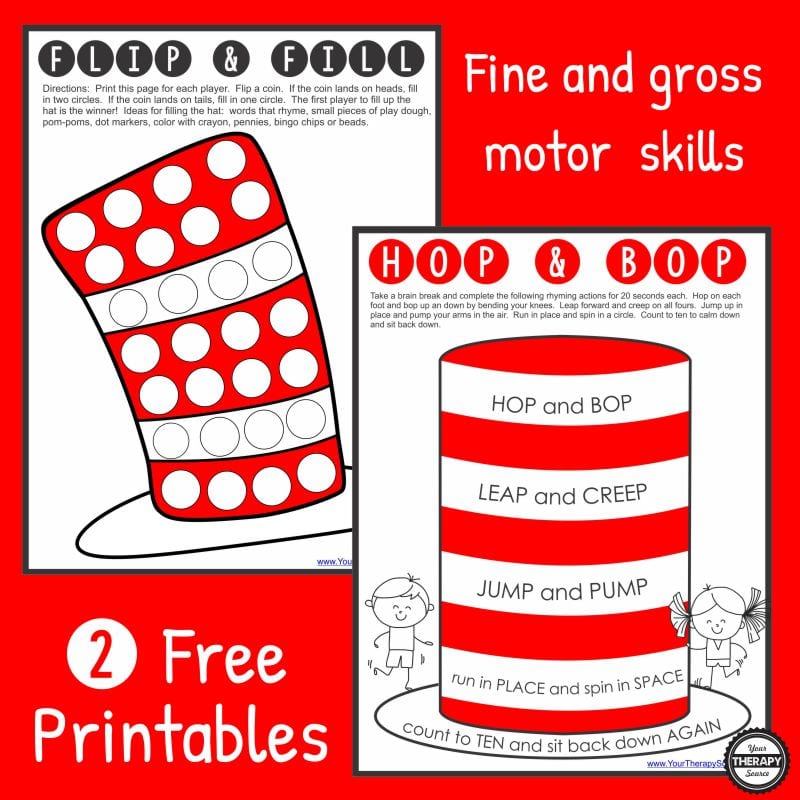 Here are two free Dr. Seuss printables to practice fine motor skills and gross motor skills. Celebrate his birthday while you also work on hand strengthening and physical activity.
