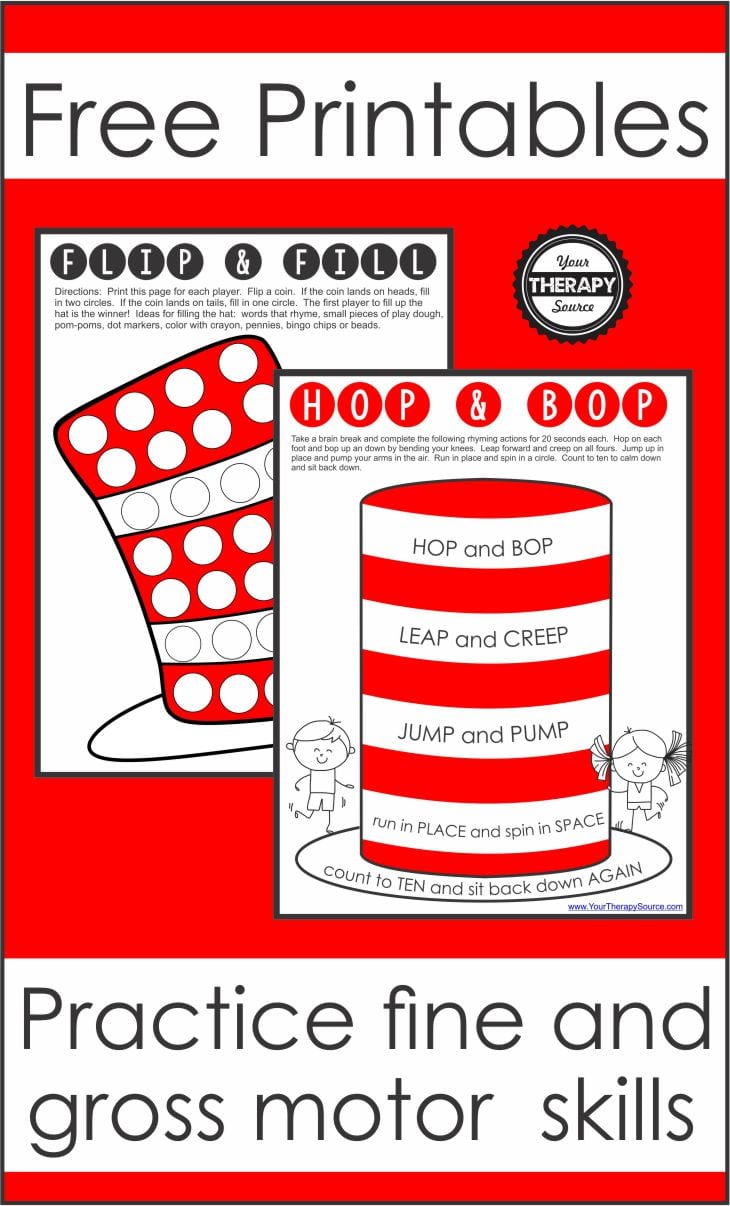 Here are two free Dr. Seuss printables to practice fine motor skills and gross motor skills. Celebrate his birthday while you also work on hand strengthening and physical activity.
