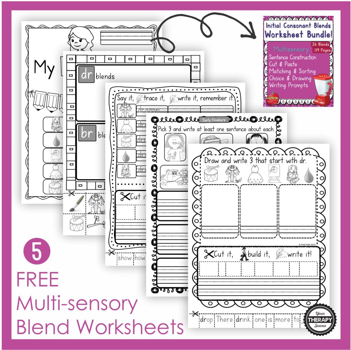 Students can practice scissor skills, pasting, drawing, handwriting, and sentence structure to learn new blends with these 5 free blends worksheets.