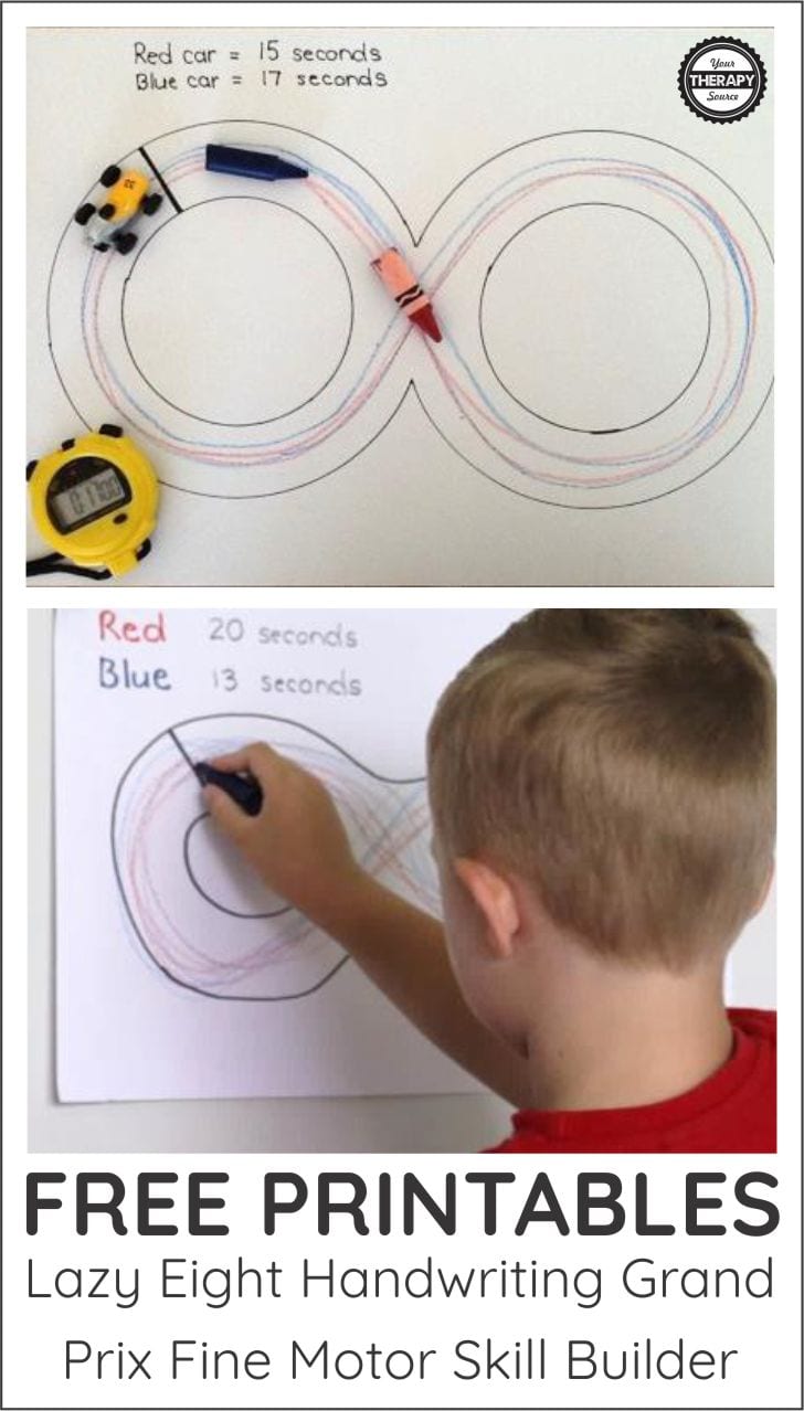If you want to practice pre-writing skills, crossing midline, and fine motor skills, check out this FREE printable packet - Lazy Eight Handwriting Grand Prix Fine Motor Skill Builder. You can download it for free at the end of this post.