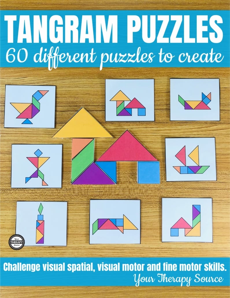Are you looking for a visual-spatial, visual motor, math, and fine motor challenge?  The Tangram Printable Puzzles includes 60 different puzzles to print and solve.  Perfect for math, early finishers, fine motor stations, and indoor recess.  