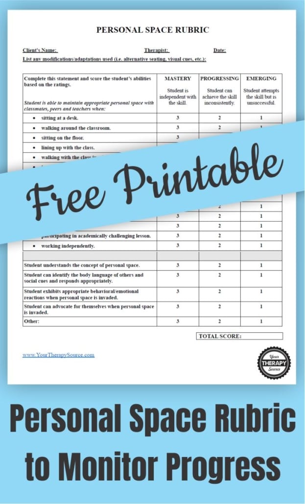 Personal Space Rubric to Monitor Progress