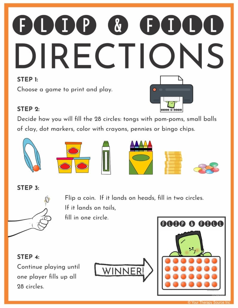The Halloween Fine Motor Activities – Flip and Fill Game digital download includes 12 different Halloween-themed game boards to practice fine motor skills and encourage hand strengthening.