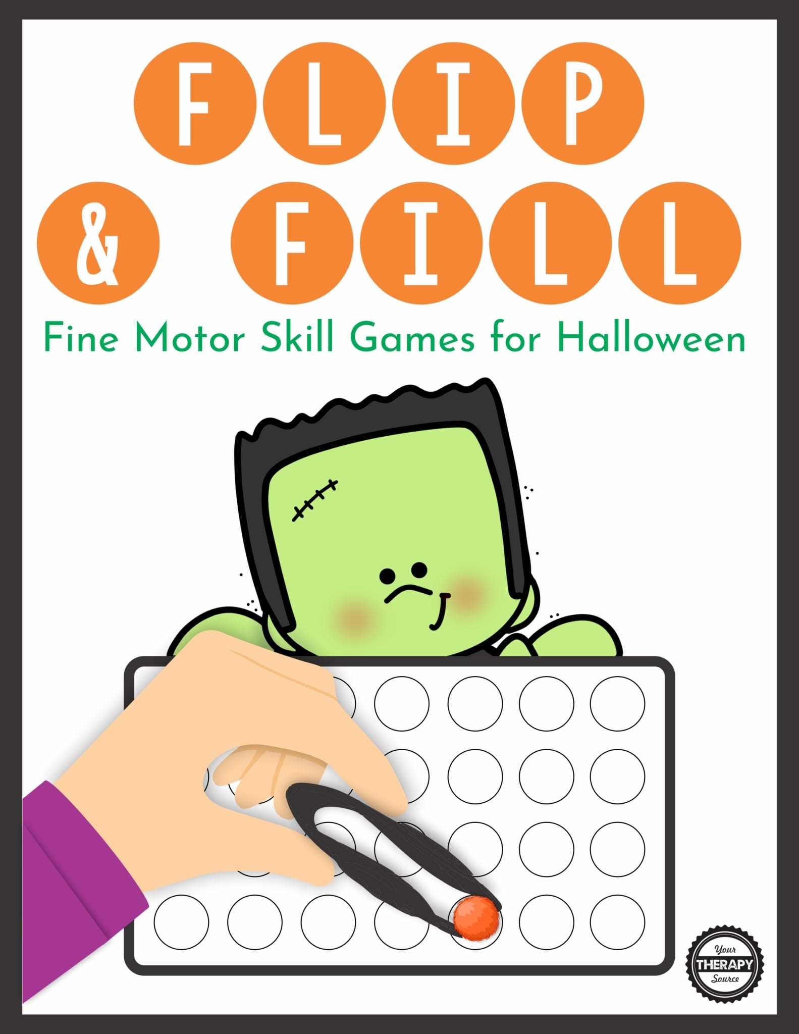 The Halloween Fine Motor Activities – Flip and Fill Game digital download includes 12 different Halloween-themed game boards to practice fine motor skills and encourage hand strengthening.