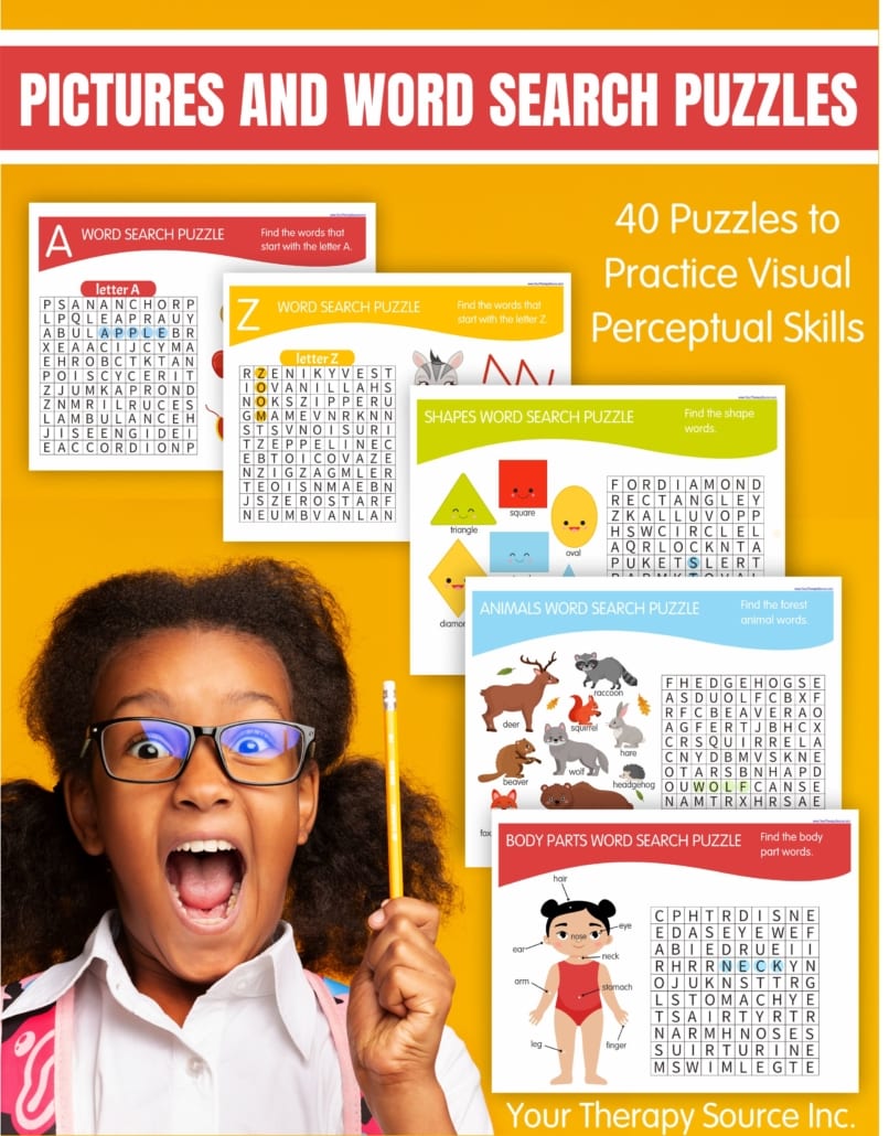 If you are looking for easy word search puzzles for kids (that even include pictures), check out the Picture and Word Search Puzzle Packet.  Children will practice visual perceptual skills while learning how to read at the same time!